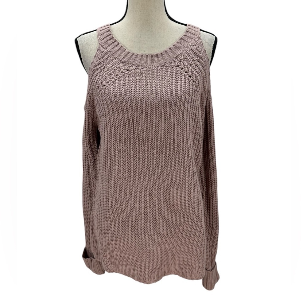 Hippie Rose Long Sleeve Crew Neck Cold Shoulder Cable Knit Sweater - Rose Pink